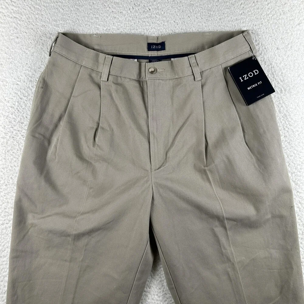 IZOD Pants Mens 35x30 Beige Wrinkle Free American Chino Pleated Cuffed
